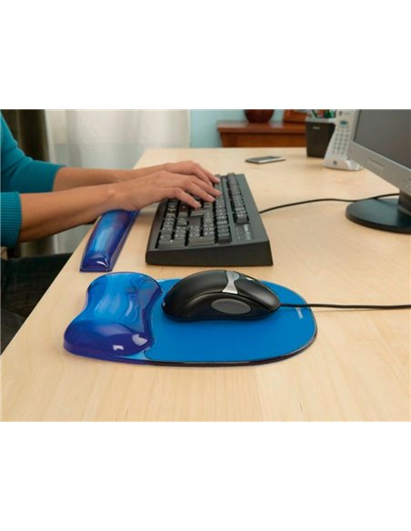 Tapis souris fellowes repose-poignet gel transparent bleu adapté souris optiques.