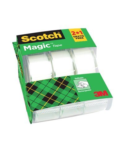 Rubans adhésifs invisibles Scotch Magic, lot de 3 – 19 mm x 7,5 m – 2 – 1 offert – Distributeur inclus – Couleur transparente