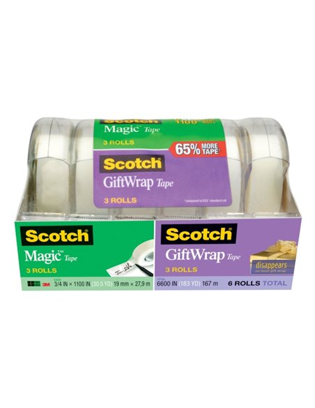 Rubans adhésifs Scotch Magic/Gifttwrap, lot de 6, 19 mm x 27,9 m, transparents