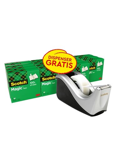 Lot de 16 rubans adhésifs Scotch Magic - 19 mm x 33 m - Promotion avec distributeur gratuit - Noir/Gris