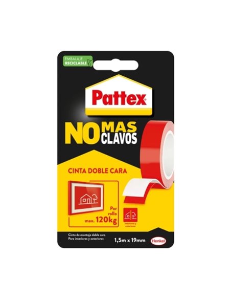 Ruban adhésif double face Pattex No More Nails 19 mm x 1,5 m - Fixation rapide et propre - Pour objets lisses en intérieur et en
