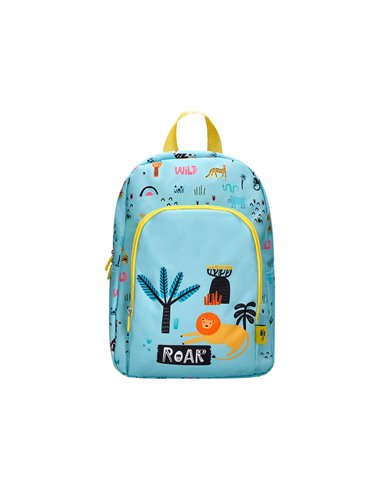 Sac a dos liderpapel baby safari motif lion 330x100x250mm coloris bleu pastel.