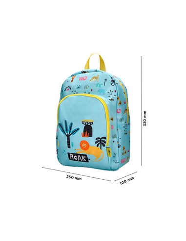 Sac a dos liderpapel baby safari motif lion 330x100x250mm coloris bleu pastel.
