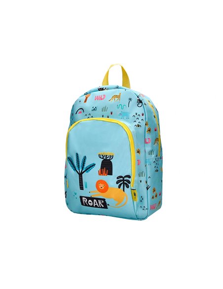 Sac a dos liderpapel baby safari motif lion 330x100x250mm coloris bleu pastel.