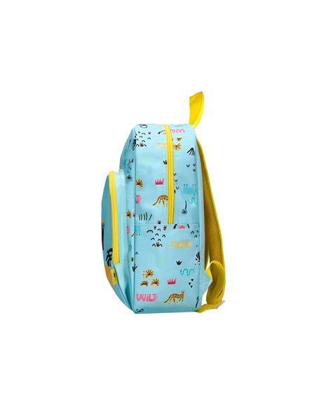 Sac a dos liderpapel baby safari motif lion 330x100x250mm coloris bleu pastel.