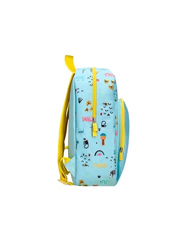 Sac a dos liderpapel baby safari motif lion 330x100x250mm coloris bleu pastel.