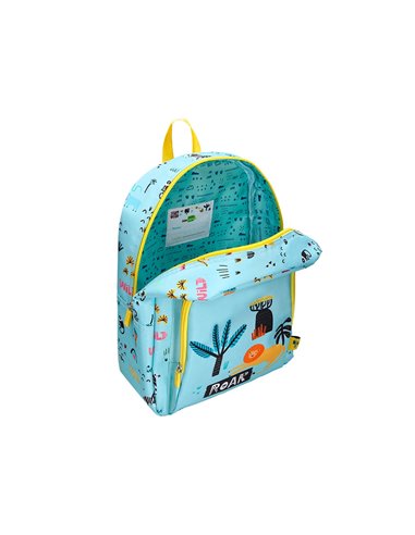 Sac a dos liderpapel baby safari motif lion 330x100x250mm coloris bleu pastel.