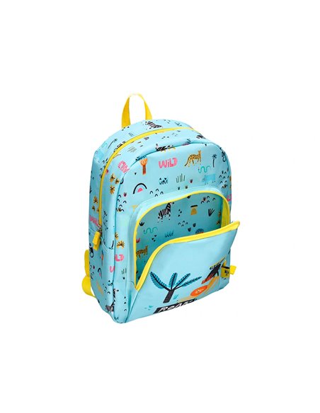 Sac a dos liderpapel baby safari motif lion 330x100x250mm coloris bleu pastel.