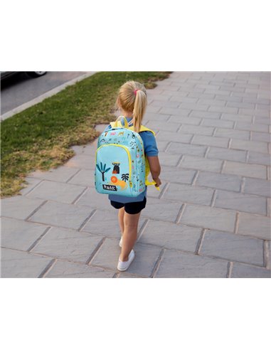 Sac a dos liderpapel baby safari motif lion 330x100x250mm coloris bleu pastel.