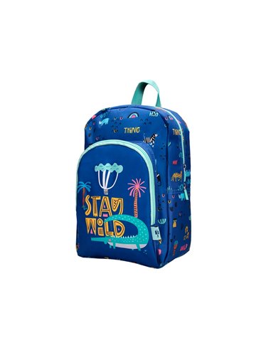 Sac a dos liderpapel baby safari motif cocodrile 330x100x250mm coloris bleu.