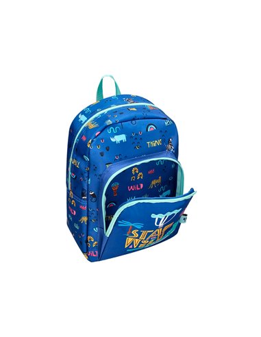 Sac a dos liderpapel baby safari motif cocodrile 330x100x250mm coloris bleu.