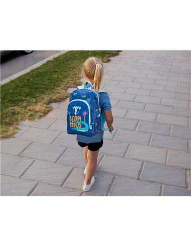 Sac a dos liderpapel baby safari motif cocodrile 330x100x250mm coloris bleu.