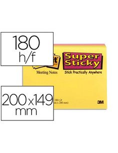 Bloc-notes post-it super sticky grand format 203x152mm meeting notes 45f coloris néon vert/jaune/orange/fuchsia 4 blocs.