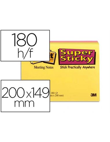 Bloc-notes post-it super sticky grand format 203x152mm meeting notes 45f coloris néon vert/jaune/orange/fuchsia 4 blocs.