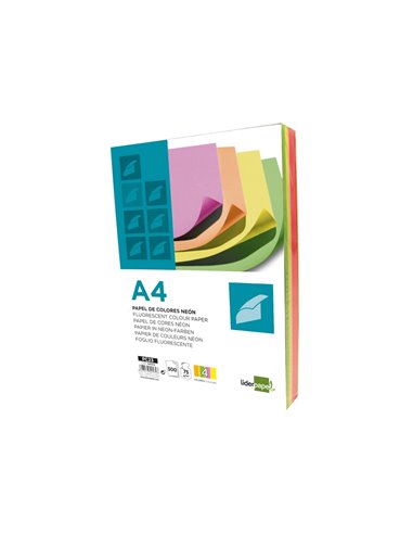 Papier couleur néon liderpapel multifonction a4 75g 4 coloris assortis néons jaune orange rose vert 500f.