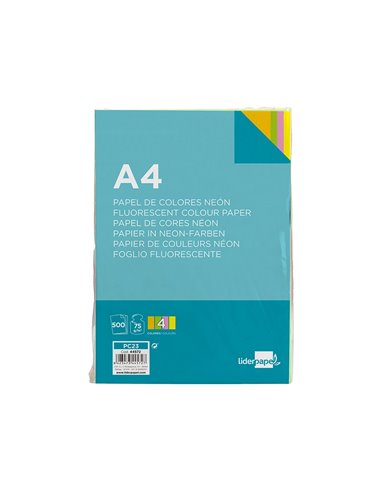 Papier couleur néon liderpapel multifonction a4 75g 4 coloris assortis néons jaune orange rose vert 500f.