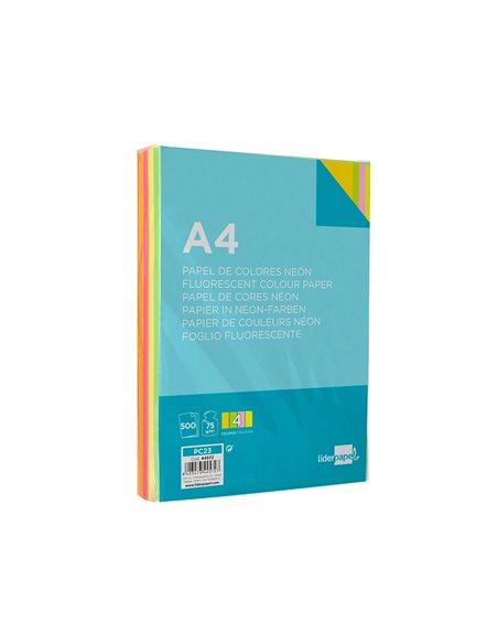 Papier couleur néon liderpapel multifonction a4 75g 4 coloris assortis néons jaune orange rose vert 500f.