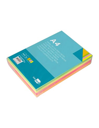 Papier couleur néon liderpapel multifonction a4 75g 4 coloris assortis néons jaune orange rose vert 500f.