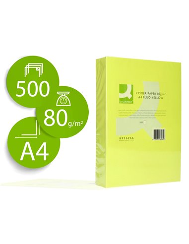 Papier couleur q-connect multifonction a4 80g/m2 unicolore jaune néon ramette 500 feuilles.