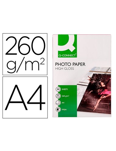 Papier photo q-connect jet d'encre glacé ultra brillant a4 260g compatible toute imprima nte paquet 50 feuilles.
