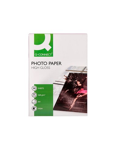 Papier photo q-connect jet d'encre glacé ultra brillant a4 260g compatible toute imprima nte paquet 50 feuilles.