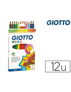 Crayon couleur giotto mega forme hexagonale mine large 5.5mm coloris assortis étui carton 12 unités.