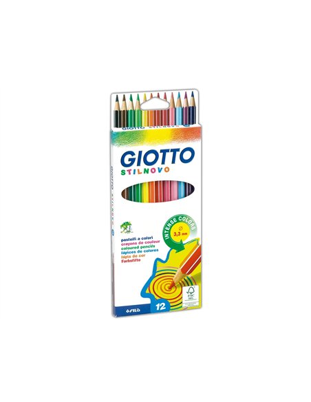 Crayon couleur giotto stilnovo hexagonal 6.8mm mine qualité supérieure 3.3mm coloris vifs intenses étui carton 12 unités.