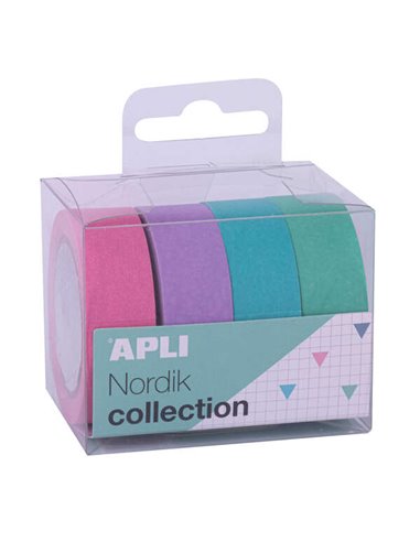 Lot de 4 rubans adhésifs en papier Washi Apli Nordik, 15 mm x 10 m - Décoration et loisirs créatifs - Couleurs assorties