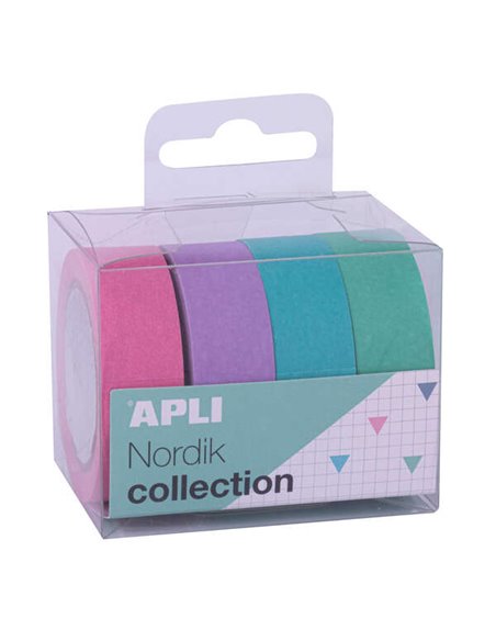 Lot de 4 rubans adhésifs en papier Washi Apli Nordik, 15 mm x 10 m - Décoration et loisirs créatifs - Couleurs assorties