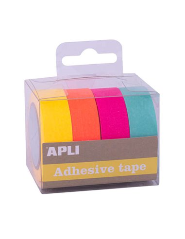 Pack de 4 rubans adhésifs en papier Washi Apli Fuor 15 mm x 10 m - Décoration et loisirs créatifs - Couleurs fluorescentes assor