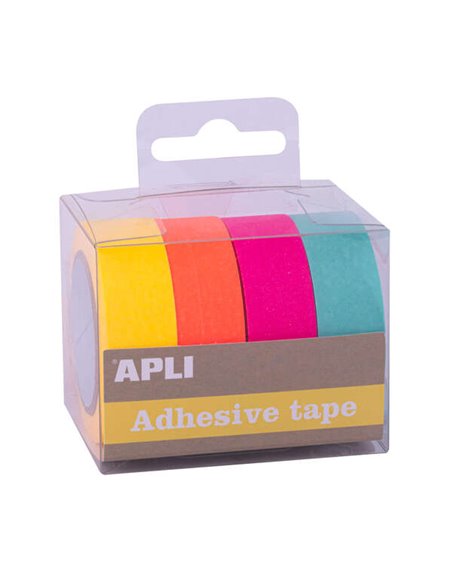Pack de 4 rubans adhésifs en papier Washi Apli Fuor 15 mm x 10 m - Décoration et loisirs créatifs - Couleurs fluorescentes assor