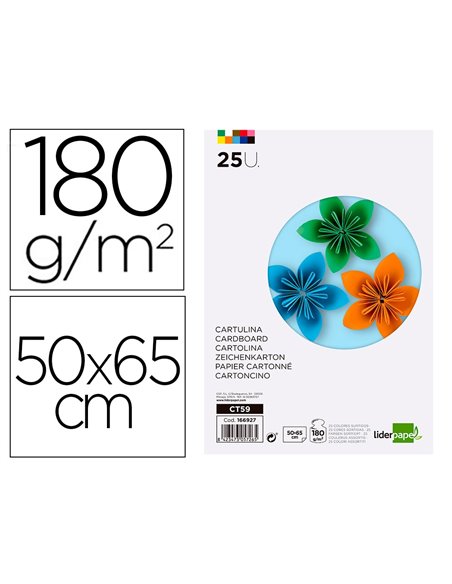 Papier cartonne liderpapel 50x65cm 180gr coloris assortis paquet 25 feuilles.