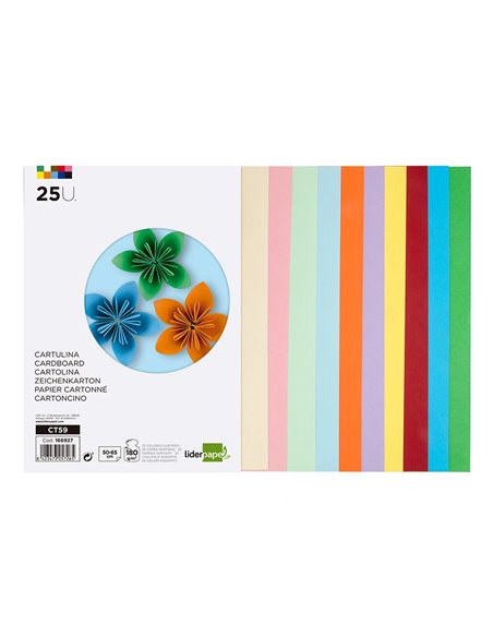 Papier cartonne liderpapel 50x65cm 180gr coloris assortis paquet 25 feuilles.