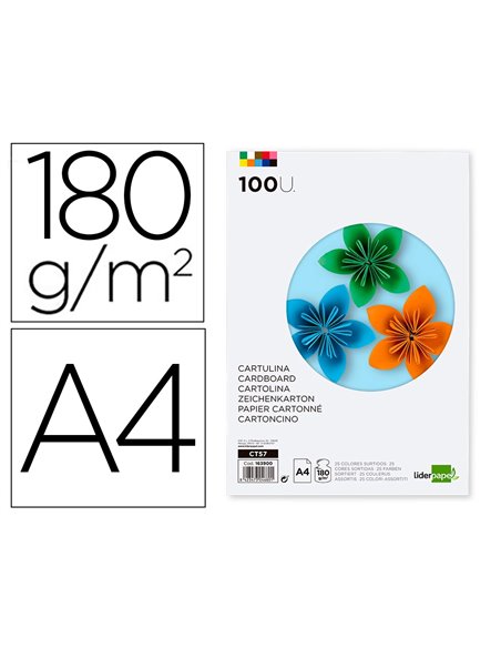 Papier cartonne liderpapel a4 180gr coloris assortis paquet 100 feuilles.