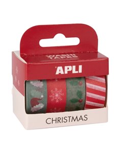 Pack Noël Apli avec 4 rubans adhésifs Washi 15 mm x 10 m - Thème Noël - 4 motifs différents - Décoration et loisirs créatifs