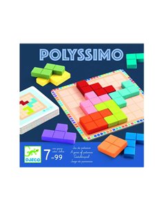 Logique reflexion djeco polyssimo 3 niveaux 11 pieces en bois 30 cartes defis 1 plateau quadrille 1 joueur.