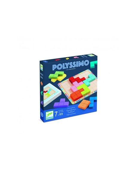 Logique reflexion djeco polyssimo 3 niveaux 11 pieces en bois 30 cartes defis 1 plateau quadrille 1 joueur.