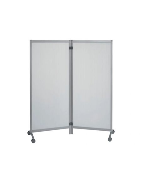 Cloison de protection mobile double paperflow modele a pmma 3mm cadre aluminium anodise hauteur reglable 4 roulettes.