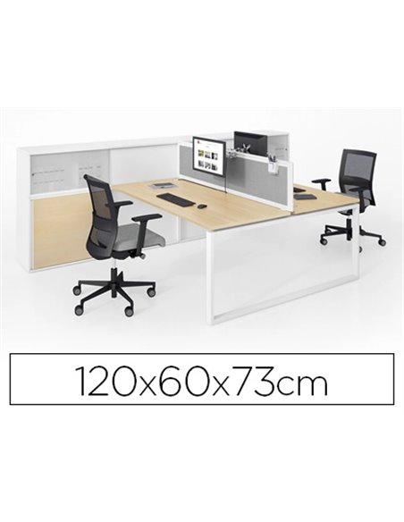 Retour suspendu eol conect rectangulaire 120x60cm décor chêne clair sur pieds arche fixe.