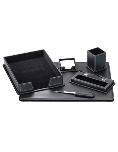 Ensemble bureau 6 pièces similicuir sous-main ouvre-lettres porte-notes corbeille porte stylo pot crayons 40x50cm noir.