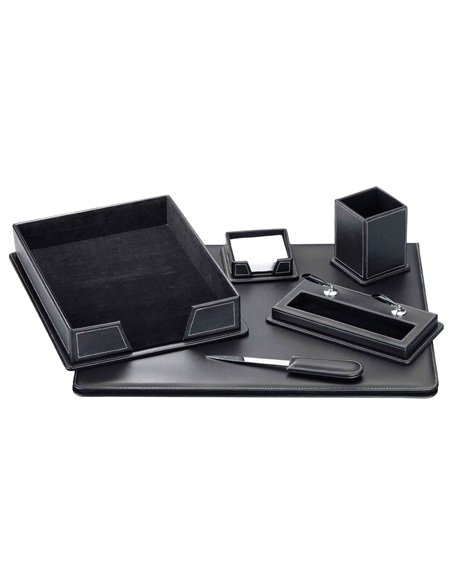 Ensemble bureau 6 pièces similicuir sous-main ouvre-lettres porte-notes corbeille porte stylo pot crayons 40x50cm noir.