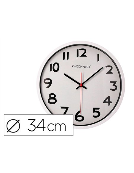 Horloge q-connect murale plastique design actuel numéros noirs fond blanc 1 pile aa non fournie diamètre 34cm chromé.