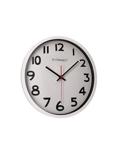 Horloge q-connect murale plastique design actuel numéros noirs fond blanc 1 pile aa non fournie diamètre 34cm chromé.