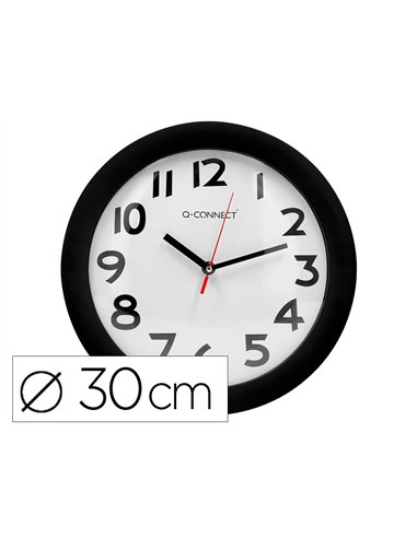 Horloge q-connect murale plastique design actuel numéros noirs fond blanc 1 pile aa non fournie diamètre 30cm noir.
