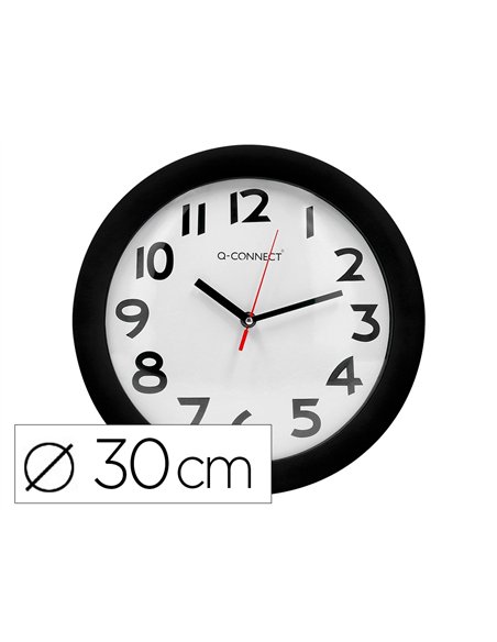 Horloge q-connect murale plastique design actuel numéros noirs fond blanc 1 pile aa non fournie diamètre 30cm noir.