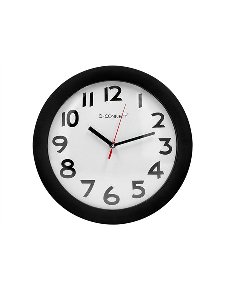 Horloge q-connect murale plastique design actuel numéros noirs fond blanc 1 pile aa non fournie diamètre 30cm noir.