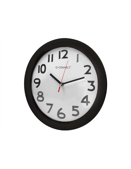 Horloge q-connect murale plastique design actuel numéros noirs fond blanc 1 pile aa non fournie diamètre 30cm noir.