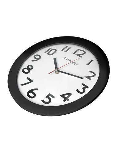 Horloge q-connect murale plastique design actuel numéros noirs fond blanc 1 pile aa non fournie diamètre 30cm noir.
