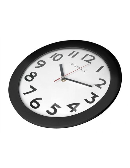Horloge q-connect murale plastique design actuel numéros noirs fond blanc 1 pile aa non fournie diamètre 30cm noir.