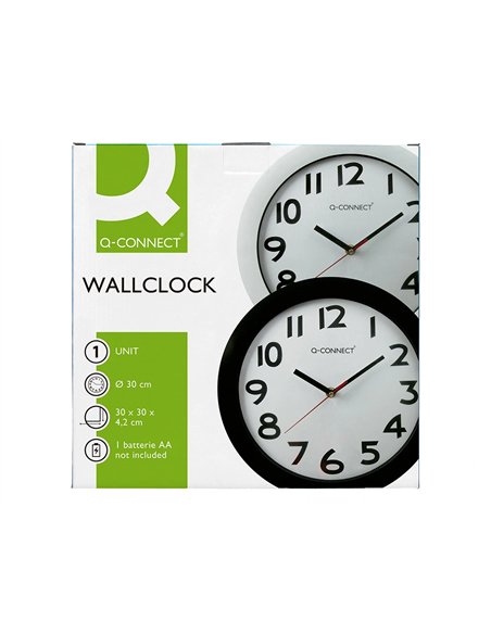 Horloge q-connect murale plastique design actuel numéros noirs fond blanc 1 pile aa non fournie diamètre 30cm noir.